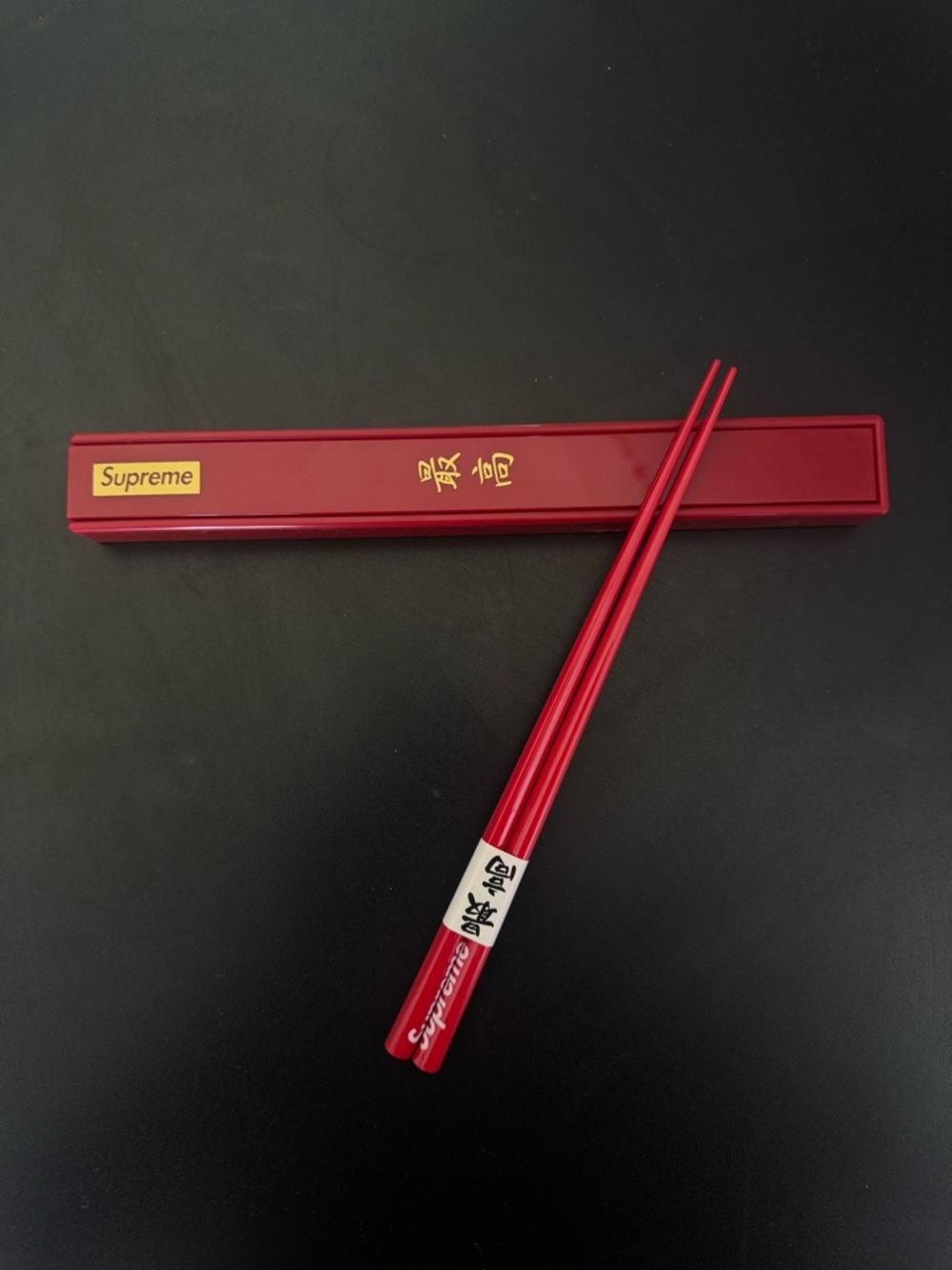 Supreme red chopsticks with gold logo case - Brand New